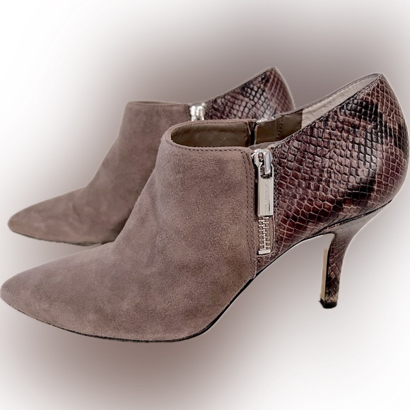Michael Kors Shoes - Michael Kors high heel bootie.  Taupe suede and rich brown snake skin leather.